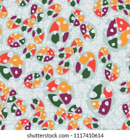 Abstraction. Seamless color pattern made up of multi-colored rounded elements with holes. Under the picture there is a background consisting of squares drawn with thin lines.