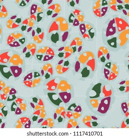 Abstraction. Seamless color pattern made up of multi-colored rounded elements with holes. Under the picture there is a background consisting of diagonally striped squares.