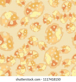 Abstraction. Seamless color pattern made up of multi-colored rounded elements with holes. The picture is superimposed on a background consisting of small mutually perpendicular ovals.