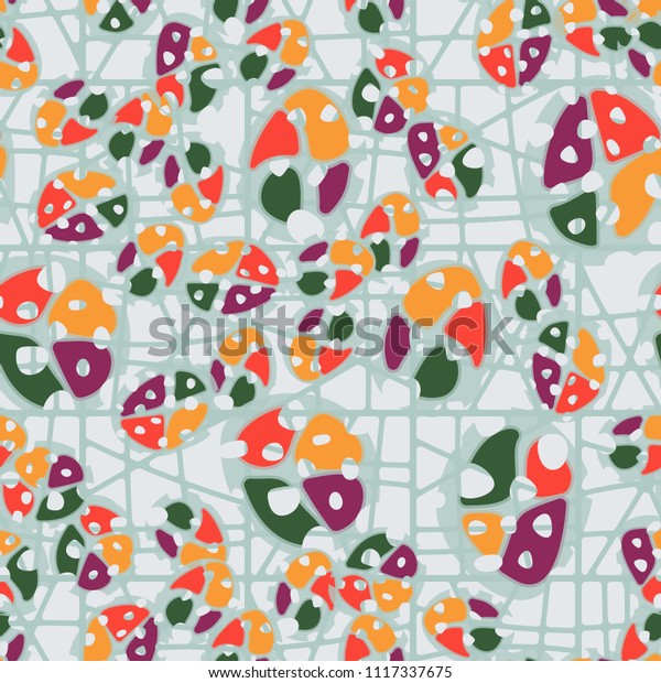 Abstraction. Seamless color\
pattern made up of multi-colored rounded elements with holes. The\
background of the picture is a network of square cells divided into\
fragments.
