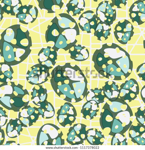 Abstraction. Seamless color
pattern made up of multi-colored rounded elements with holes. The
background of the picture is a network of square cells divided into
fragments.