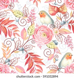 Abstraction seamless pattern with bird Robin, flowers Ranunculus, English Rose and colorful leaves. Fantasy vector illustration on white background.
