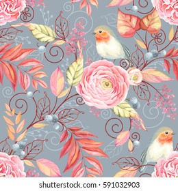 Abstraction seamless pattern with bird Robin, flowers Ranunculus, English Rose and colorful leaves. Fantasy vector illustration on gray dark background in vintage watercolor style.