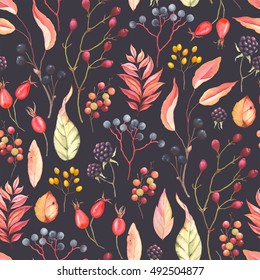 Abstraction seamless pattern with blackberry, rose hips, leaves and branches plants. Vector illustration in vintage style on dark background.