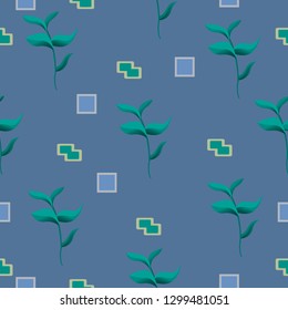 abstraction seamless pattern with hand drawn branches and geometric shapes. Vector illustration.Blue background