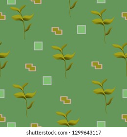 abstraction seamless pattern with hand drawn branches and geometric shapes. Vector illustration.Green background