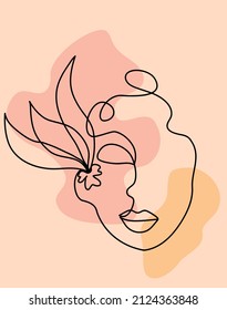 Abstraction in the shape of a woman with a flower on her head. One line. Vector Stock illustration. Isolated. White background. Plants. Texture.