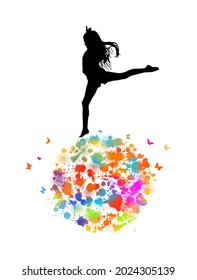 Abstraction silhouette girl gymnasts on multicolored ball. Rainbow butterflies. Vector illustration