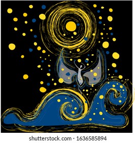  Abstraction silhouette from the sea rises from the bottom from the abyss rebirth a new way of life first strength