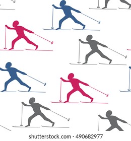 Abstraction skiers seamless pattern. Winter active sport background. Colorful vector illustration. 