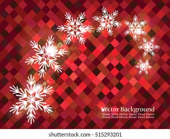 Abstraction of snowflakes and flecks on a red background of small squares