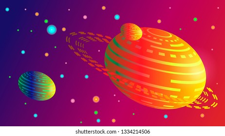 Abstraction of space. There are several planets oval in segments. They have colorful bright colors. Far stars and planets of different sizes.