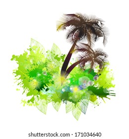 abstraction with spots of paint island green leaves and palm trees. Vector