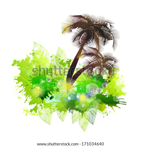 abstraction with spots of paint island green leaves and palm trees. Vector