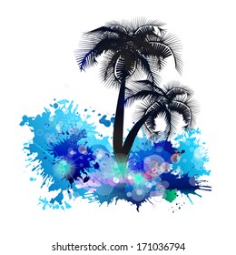 abstraction with spots of paint sea and palm trees. Vector