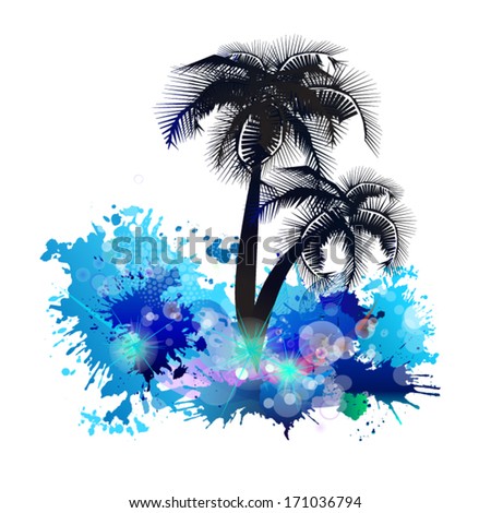 abstraction with spots of paint sea and palm trees. Vector