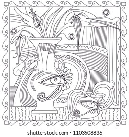Abstraction. Still life with an Egyptian eye. Vector graphics. Coloring book.