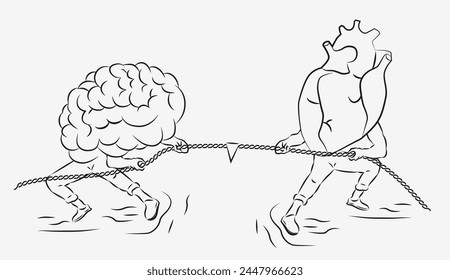 Abstraction of struggle. Brains and hearts are a tug of war. Tug of war brain heart. EPS 10.