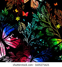 Abstraction summer. Flowers with butterflies. colorful background. Vector illustration