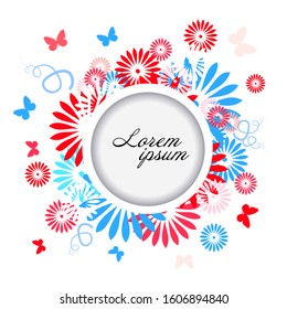 Abstraction summer. Flowers with butterflies. Round frame. Hello summer. Vector illustration