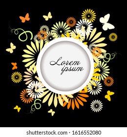 Abstraction summer. Flowers with butterflies. Round frame. Hello summer! Vector illustration