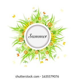 Abstraction summer. Flowers with butterflies. Round frame. Hello summer! Vector illustration