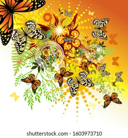 Abstraction summer. Flowers with butterflies. Vector illustration