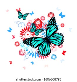 Abstraction summer. Flowers with butterflies. Vector illustration