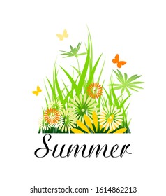 Abstraction summer. Flowers with butterflies. Vector illustration