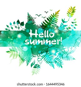 Verano de abstracción. Fondo verde con hierba y hierbas. Medios mixtos. Ilustración del vector