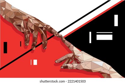 abstracción. Suprematismo. Manos que se acercan entre sí, formas geométricas sobre fondo rojo, negro y blanco, formas geométricas, dedos. Una serie de cuadros vectoriales en el interior