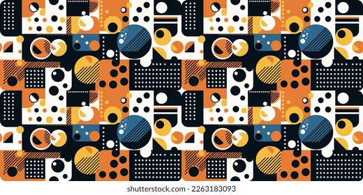 Abstraction, swiss geometry prints of rectangles, squares and circles shape design. Flat style, Retro style. Print for fabrics, wallpaper, interior.