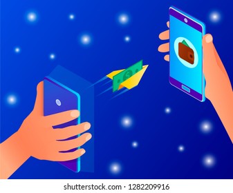 Abstraction transfer money using a smartphone. Money is flying on a paper airplane to a smartphone.