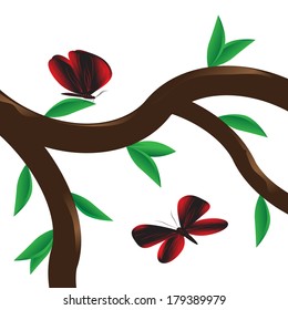 Abstraction. Tree branch with leaves and two butterflies of red color on a white background.