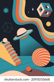 Abstraction with UFO. Bright psychodelic cover. Old hippie style pictures. Retro banners and posters. Stylish site design. Galaxy, solar systems and planets. Cartoon volumetric vector illustration