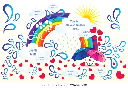 Abstraction with umbrellas, rainbow, sun, clouds, rain, drops and hearts