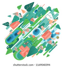 Abstraction. Vector illustration. The house is located on a clearing. Pool and trees, a place for barbecue