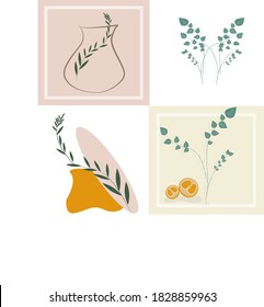 abstraction vector illustratration, walls art, home design, colorfull painting, plant, leaves, orange