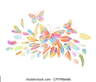 Abstraction of watercolor twigs with butterflies. Mixed media. Vector illustration