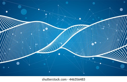 Abstraction white wave background, points and lines, technology spiral, blue wallpaper, vector design
