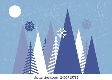 Abstraction winter. Blue spruce trees on a blue background. Winter landscape. Vector.