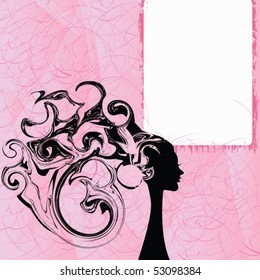 Abstraction of the woman with a banner for a writing of the personal text on a pink background