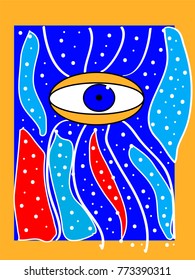 Abstraction. Yellow eye. Stylized design of the eye. Cover design. Design for bag. Blue background.