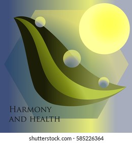 Abstraction.Harmony and health. Logo of a green leaf with water drops and sun.Suitable for use in cosmetics, environment, tourism, health, sports, manufacturing, business, trade, etc