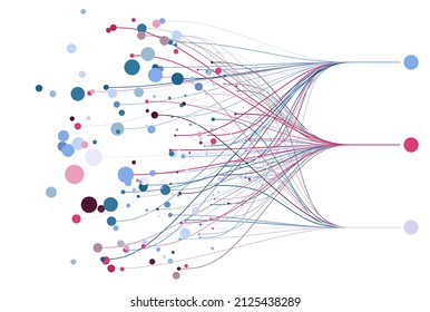 Abstractly arranged colored dots are connected by lines with sorted dots. Data concept.