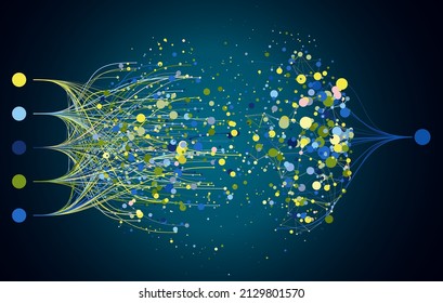 Abstractly arranged colored dots are connected by lines with sorted dots. Data concept.