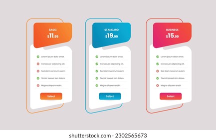 Abstractly designed minimal service subscription pricing table with gradient