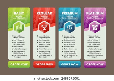Abstractly designed minimal service subscription pricing table with gradient colors. transparency javanese pattern in vertical rectangle layout. Professional business pricing comparison table design 