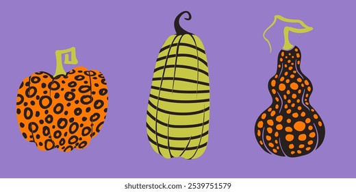 Abstractly patterned decorative pumpkins in black, orange, and green with twisted stems on a purple background. Perfect for Halloween, autumn décor, party invites, or seasonal design elements