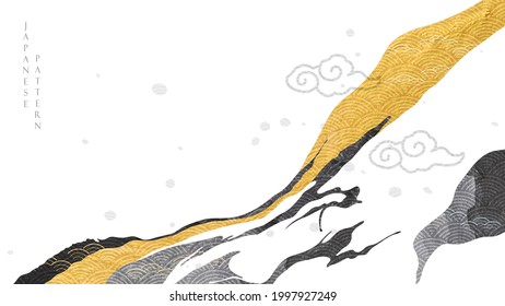 Abstracts art background with Japanese traditional icon vector. Gold and black texture with natural landscape banner design in vintage style.  